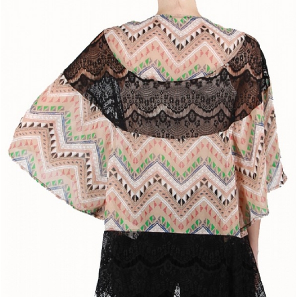 Tan and Black Lace Kimono - Picture 3 of 3